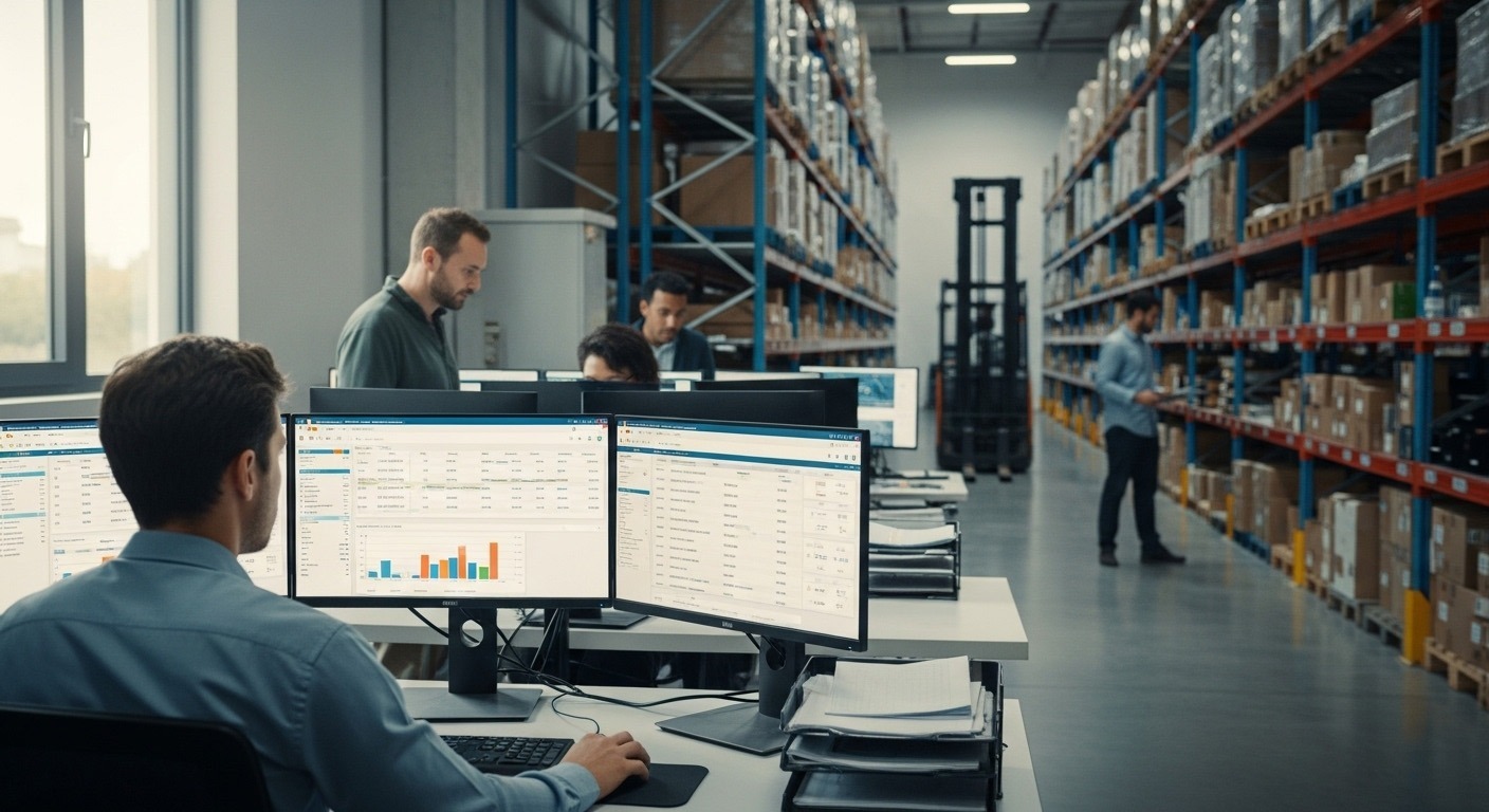 Maatwerksoftware_voorraadbeheer_bedrijfsvoorraad_voorraadsysteem Medewerkers beheren voorraden met maatwerksoftware in een moderne kantoor- en magazijnomgeving